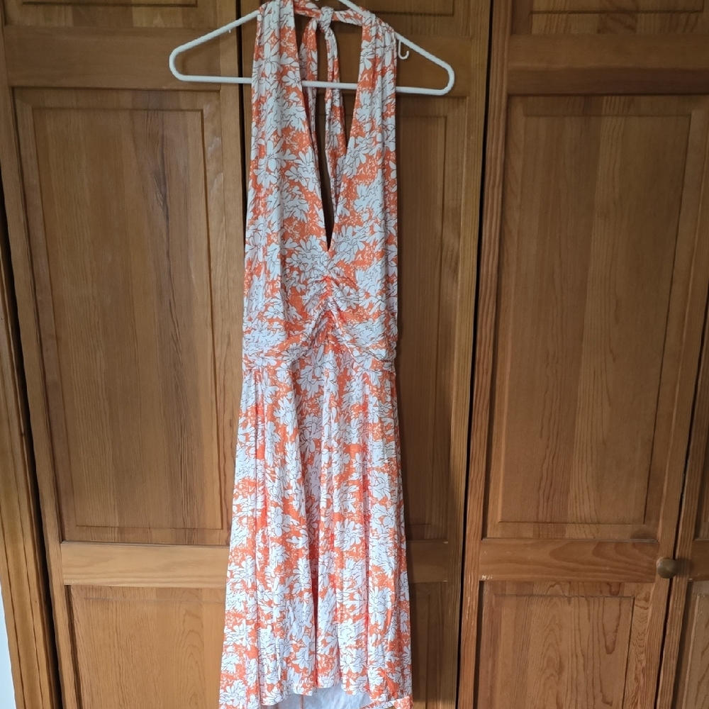 Floral Halter Neck Dress in Orange and White